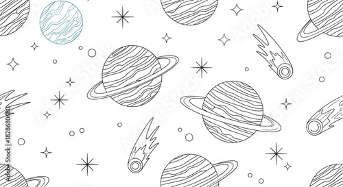 A seamless black and white line art pattern of outer space with planets like Saturn comets stars and dots for coloring.