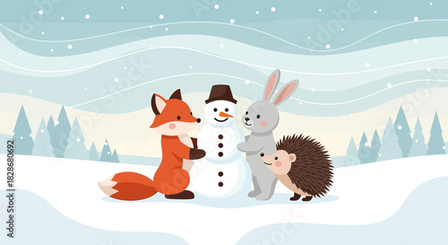 Whimsical winter friends building a snowman together on a snowy landscape backdrop