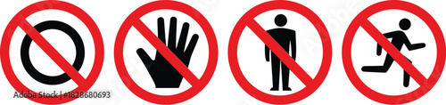 A clean vector illustration of prohibition icons depicting no touching, running, or entry