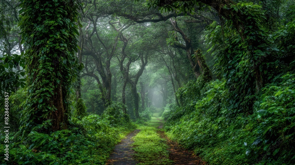 Obraz premium A tranquil path winds through a dense forest surrounded by lush greenery and towering trees. Mist gently hangs in the air creating a serene atmosphere at dawn.