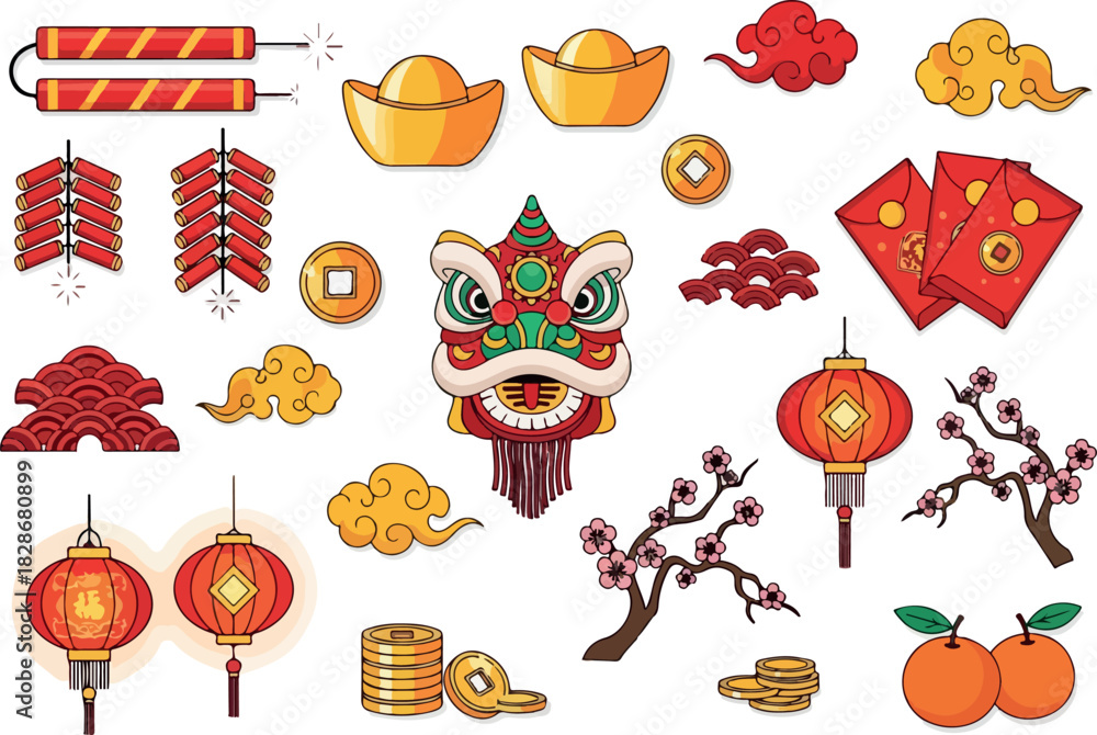 Fototapeta premium Festive Lunar New Year Elements Lion Dance, Lanterns & Lucky Gold