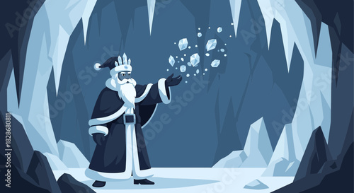 Winter Wizard casting a spell in an icy cavern illustration evoking fantasy and wonder with crisp