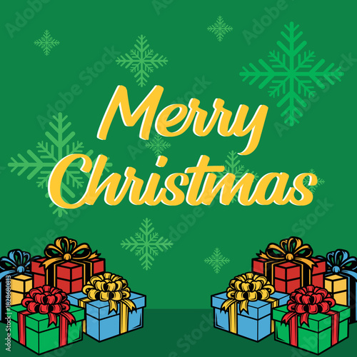Festive Christmas greeting featuring colorful wrapped presents and stylized snowflakes.