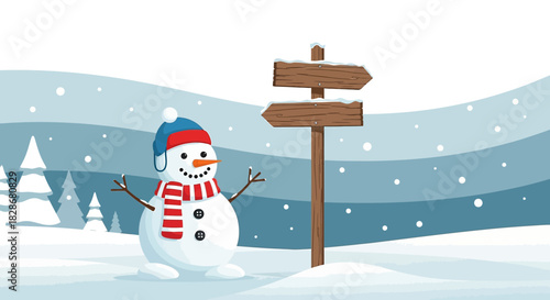 Winter wonderland illustration featuring a happy snowman and a directional signpost amid snowfall