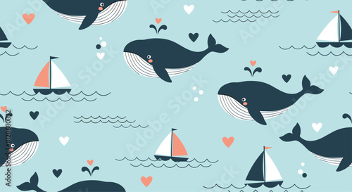 A cute seamless nautical pattern with cartoon whales sailboats waves and hearts on a light blue background for children's designs.