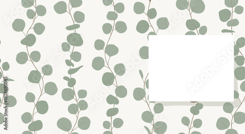 A botanical background pattern of eucalyptus branches with a blank white square in the corner for text or other design elements.