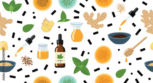 A vibrant seamless pattern of natural medicine ingredients like ginger honey mint and essential oil bottles on a white background.