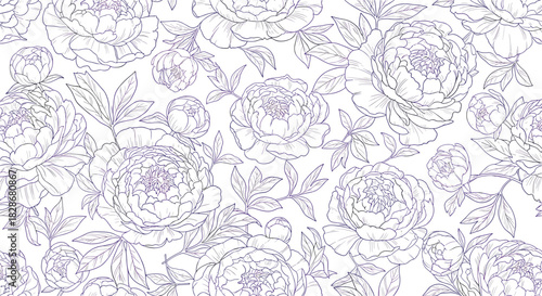 An elegant seamless line art pattern of beautiful peony flowers and leaves in a delicate purple outline on a white background.