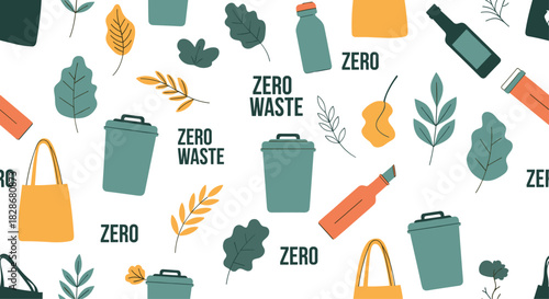 A seamless pattern promoting a zero waste lifestyle with reusable bags bottles trash cans and leaves on a white background.