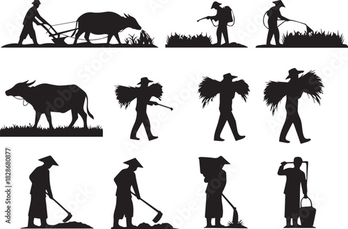 Silhouette of Asian farmers working on field with traditional tools