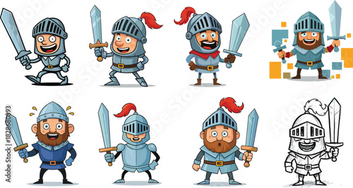 Cartoon knights vector illustration, fantasy armor design, colorful swords and poses, magical theme, kids content, whimsical clipart, heroic style, character variety