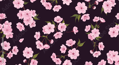 A lovely seamless floral pattern featuring delicate pink cherry blossom flowers and branches scattered across a dark background for design.