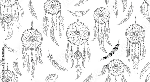 A beautiful seamless black and white line art pattern of detailed dream catchers and floating feathers on a clean white background.