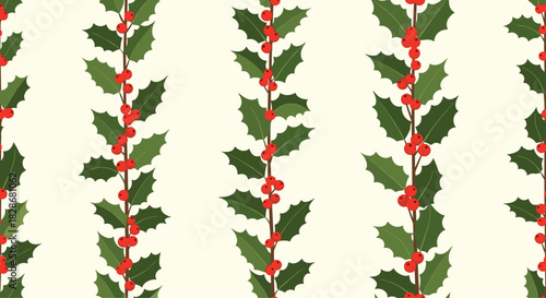 A seamless Christmas pattern of vertical holly branches with vibrant green leaves and bright red berries on a light cream background.