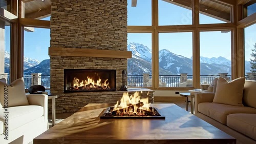 Cozy interior living room with fireplace and mountain view