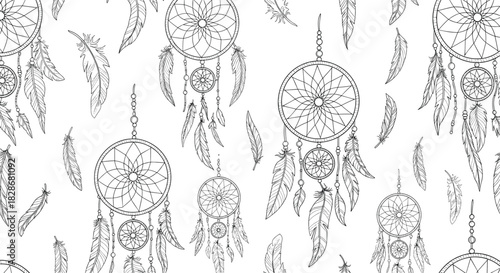 A detailed seamless black and white line art pattern of intricate dream catchers and various bird feathers on a white background.