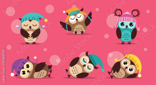 A cute collection of six cartoon owls wearing colorful sleeping caps in various sleepy and playful poses on a pink background.