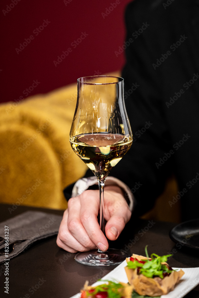 Obraz premium A person's hand holds a glass of white wine at a fine dining table, with gourmet appetizers in the foreground. The image features a close-up, shallow depth of field, and warm, elegant lighting