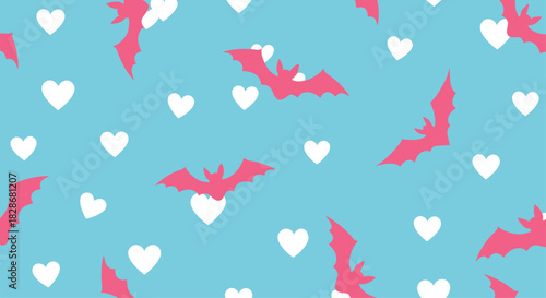 A cute and quirky seamless pattern of pink bat silhouettes and white hearts scattered across a bright light blue background.
