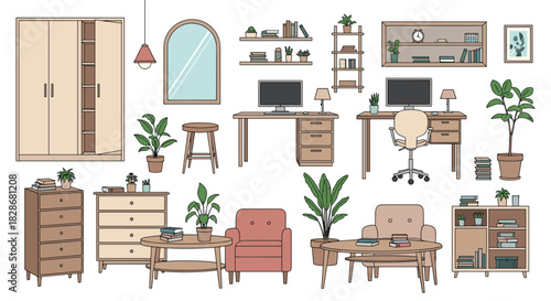 A large and detailed collection of cozy home office and living room furniture and decor items in a simple colored line art style.