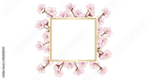 A beautiful square golden frame adorned with delicate pink cherry blossom or sakura flowers and branches isolated on a white background.