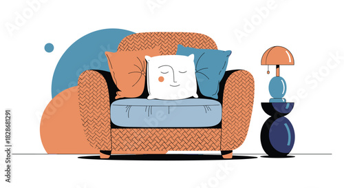 A cozy interior scene with a comfortable wicker armchair cute pillows and a modern lamp on a small side table design.