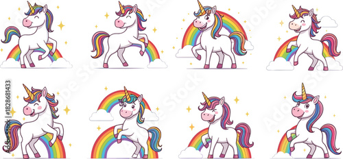 Cartoon unicorns vector illustration, magical creatures with rainbow background, colorful manes and sparkles, fantasy theme, kids content, whimsical clipart, joyful style