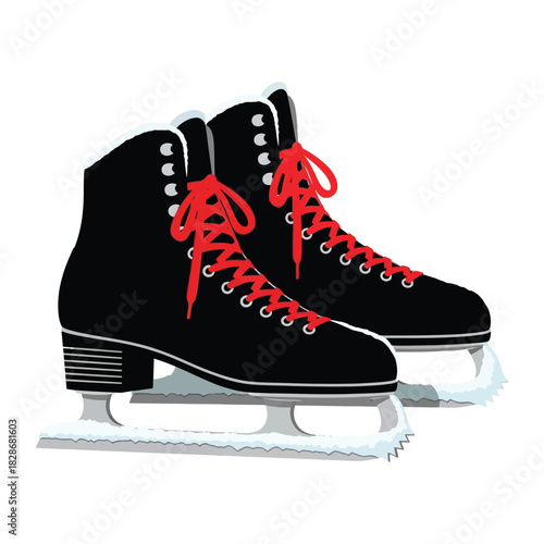 Pair of black ice skates with red laces isolated on white background