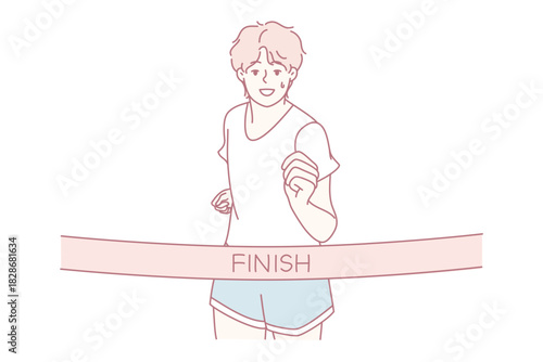 runner crossing finish ribbon, celebrating personal victory at local charity run with arms raised and smiling