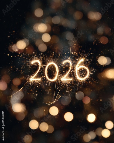 Sparkling '2026' year display against bokeh background; New Year celebration.