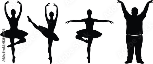Ballet dancer silhouettes, ballerinas in tutu poses, classical dance positions, casual person mimicking ballet, diversity, humor, performing arts illustration