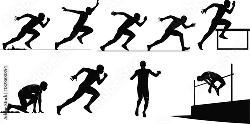 Athlete, silhouette, sprint, hurdle, jump, motion, track, field, running, walk, finish, sport, energy, action, pose, dynamic, high jump, starting block, white background, movement**