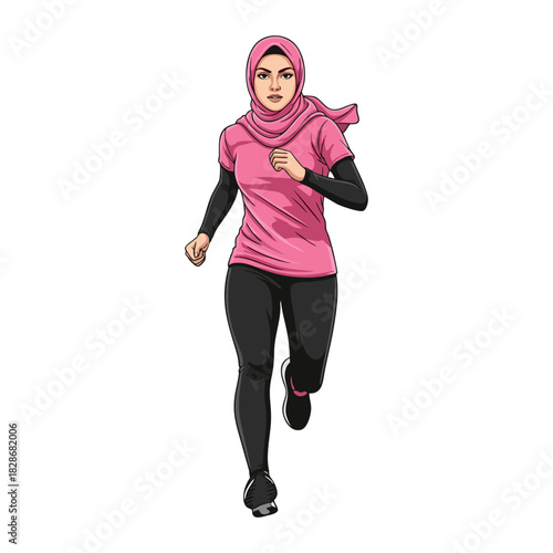 A woman wearing a hijab is jogging