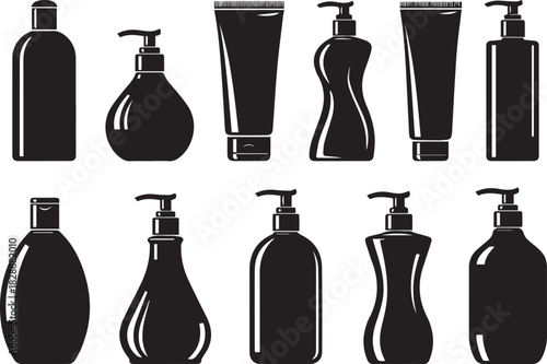 Variety of shampoo bottles and cosmetic containers in monochrome illustration
