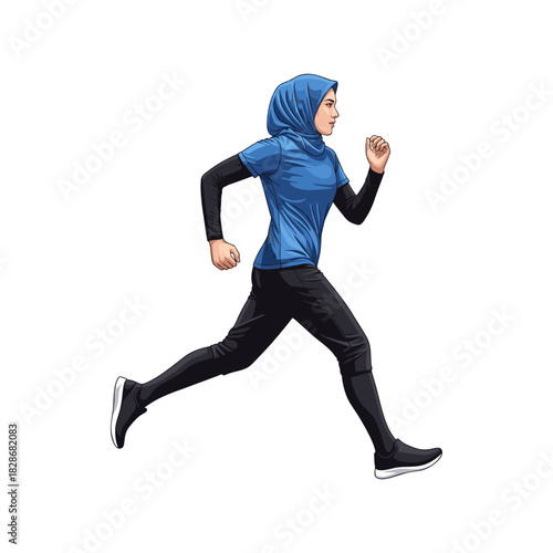 A woman wearing a hijab is jogging