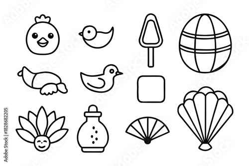 Asian Cultural Icon Silhouette Pagoda, Elephant, Lotus, and Meditation Symbol Collection Design