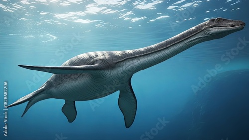 Elasmosaurus swimming underwater, a prehistoric marine reptile with a long neck and flippers.