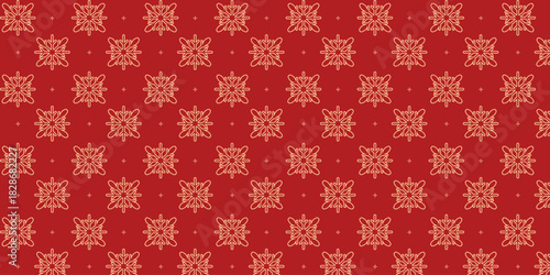 Elegant seamless pattern with golden snowflakes and tiny stars on a rich red background, perfect for Christmas wrapping paper, festive textiles, greeting cards, invitations and seasonal holiday design