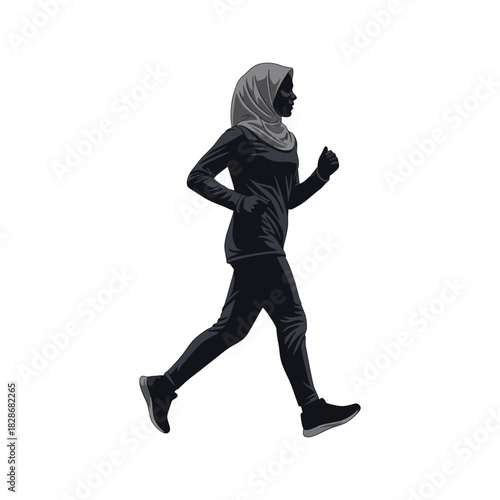 Silhouette of a woman wearing a hijab running against a white background
