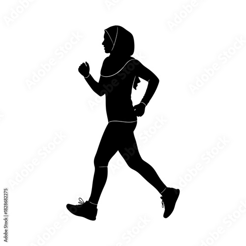 Silhouette of a woman wearing a hijab running against a white background