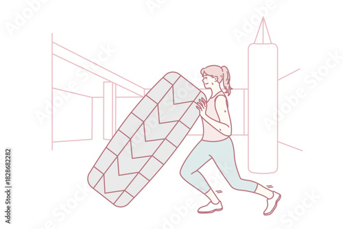 Strong active woman in sportswear training in gym for better body shape. Female athlete exercising in fitness studio. Workout and sport concept. Vector illustration.