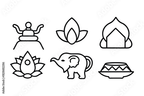 Asian Cultural Icon Silhouette Pagoda, Elephant, Lotus, and Meditation Symbol Collection Design