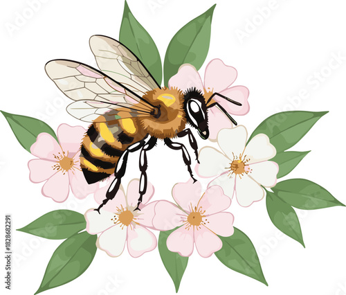 Bee perched on pink flowers, pollination vector illustration, nature insect artwork, ecological design, agriculture symbol, environmental science concept