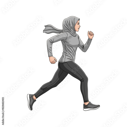 A woman wearing a hijab is jogging