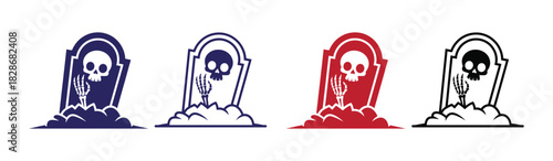 Spooky Halloween tombstone collection in red blue and black. Halloween tombstone coloring page isolated. Cute Halloween grave vector outline. Transparent background.
