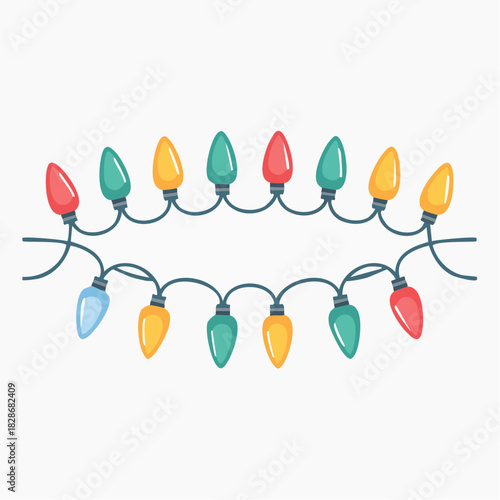 A string of colorful Christmas lights with red, yellow, green, and blue bulbs on a blue cord against a white background. Perfect for holiday decorations, festive backgrounds, and seasonal