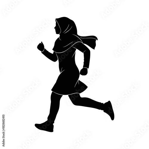 Silhouette of a woman wearing a hijab running against a white background