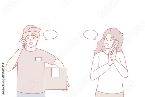 Female client talking on phone with deliveryman. Woman speaking on cellular with courier delivering parcel. Delivery service concept. Vector illustration.