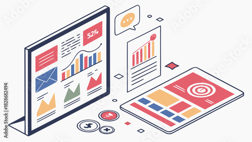 Isometric illustration of data analysis on digital devices