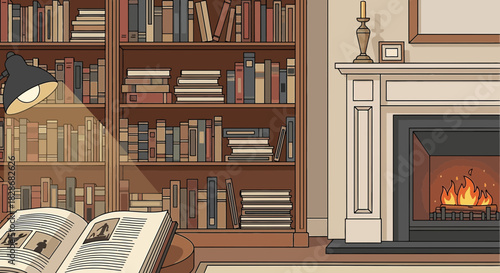 A cozy room filled with books and the warmth of a fireplace evoking nostalgia and tranquility